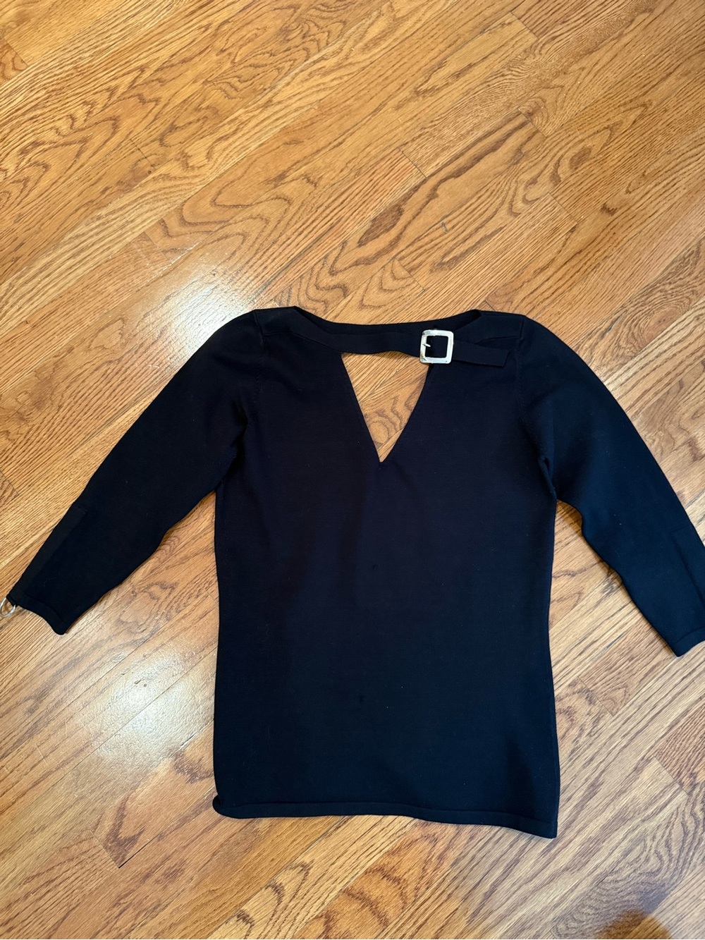 CAC Black Women’s V-Neck Knit Top with Buckle Detail